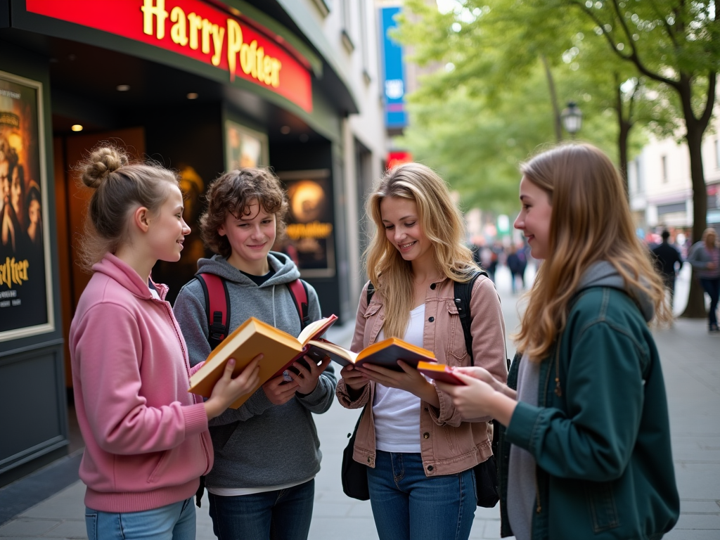 Четыре подростка обсуждают книгу у магазина "Harry Potter".