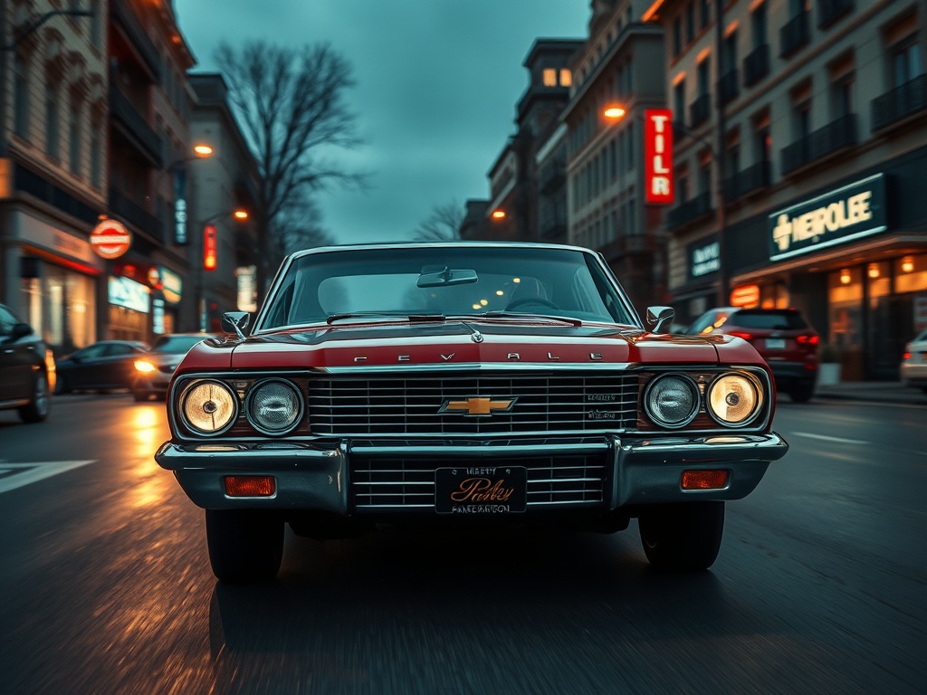 Красный Chevrolet движется по городской улице, окружающей его здания и огни неона.