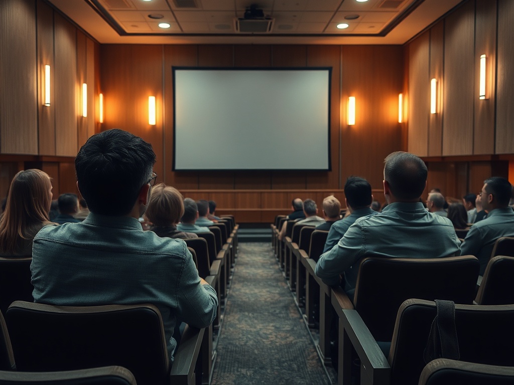 Аудитория слушателей в зале для лекций, перед экраном, где скоро начнется презентация.