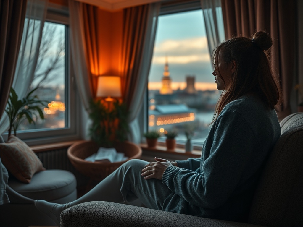 Женщина сидит на диване, смотря в окно на закат и городскую панораму. Теплая атмосфера.