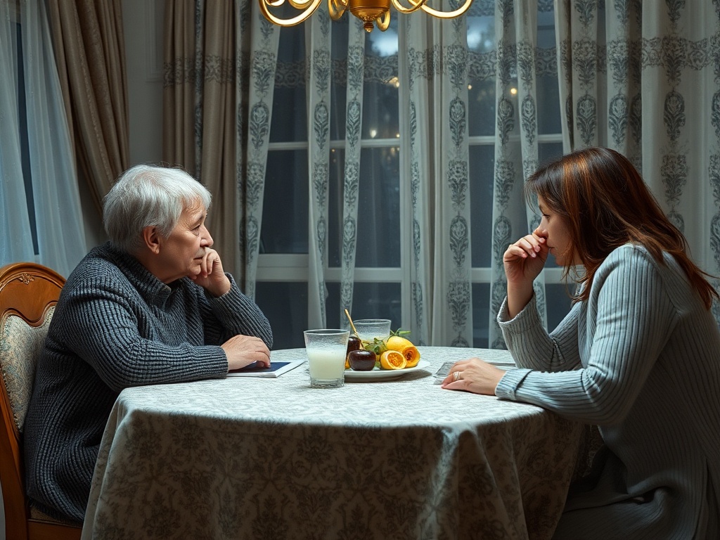 На столе сидят пожилая женщина и молодая женщина, обсуждая что-то серьезное в уютной обстановке.