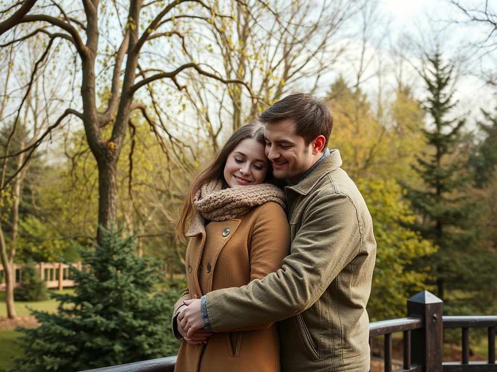 Пара обнимается на фоне осеннего парка, улыбаясь друг другу и наслаждаясь моментом.