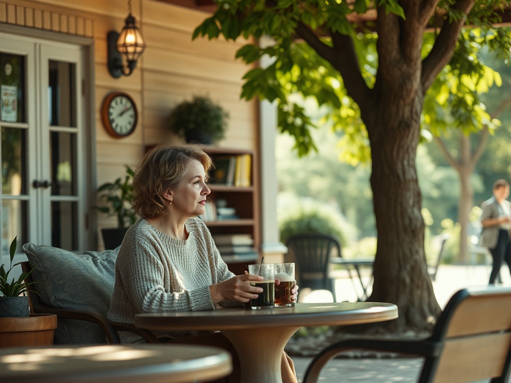 Женщина в светлом свитере сидит за столом с напитком, наслаждаясь атмосферой кафе на улице.