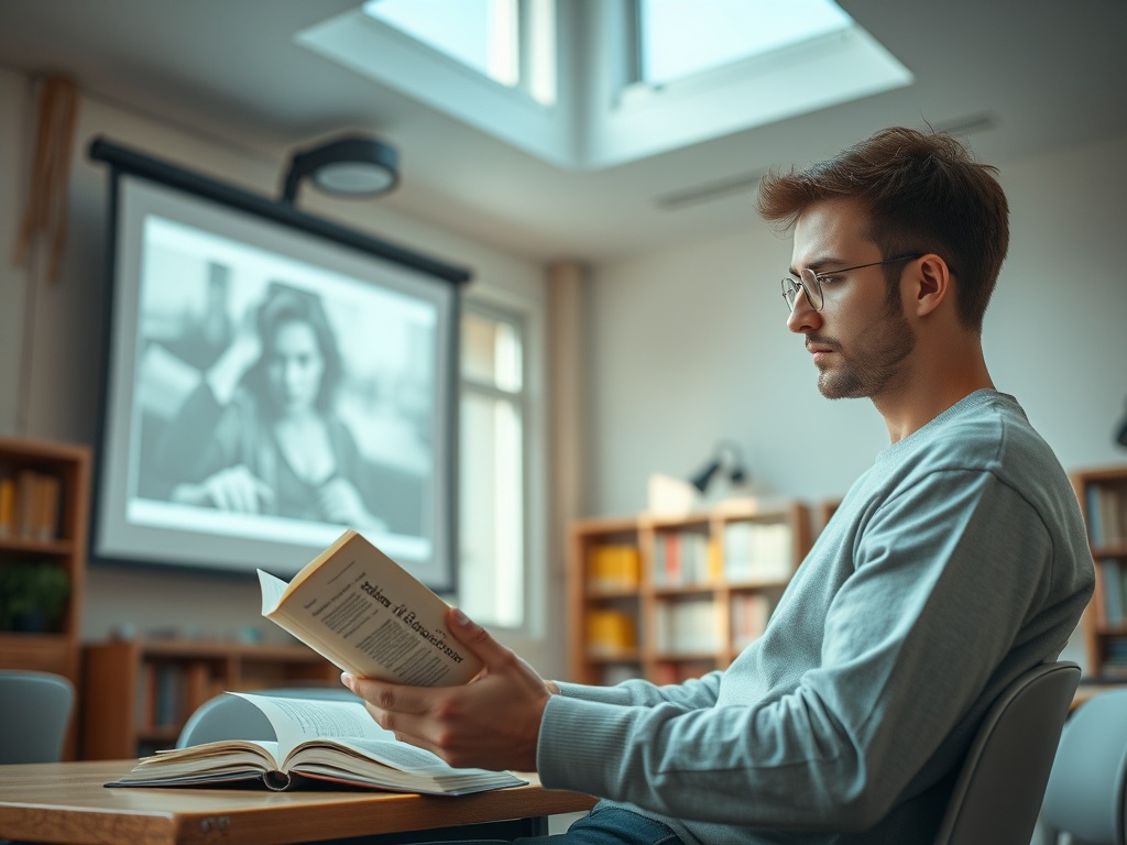 Молодой человек читает книгу в комнате с проектором и библиотечными полками на заднем плане.