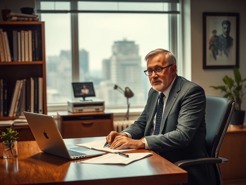 Деловой человек в костюме сидит за столом с ноутбуком и бумагами, в офисе с видом на город.