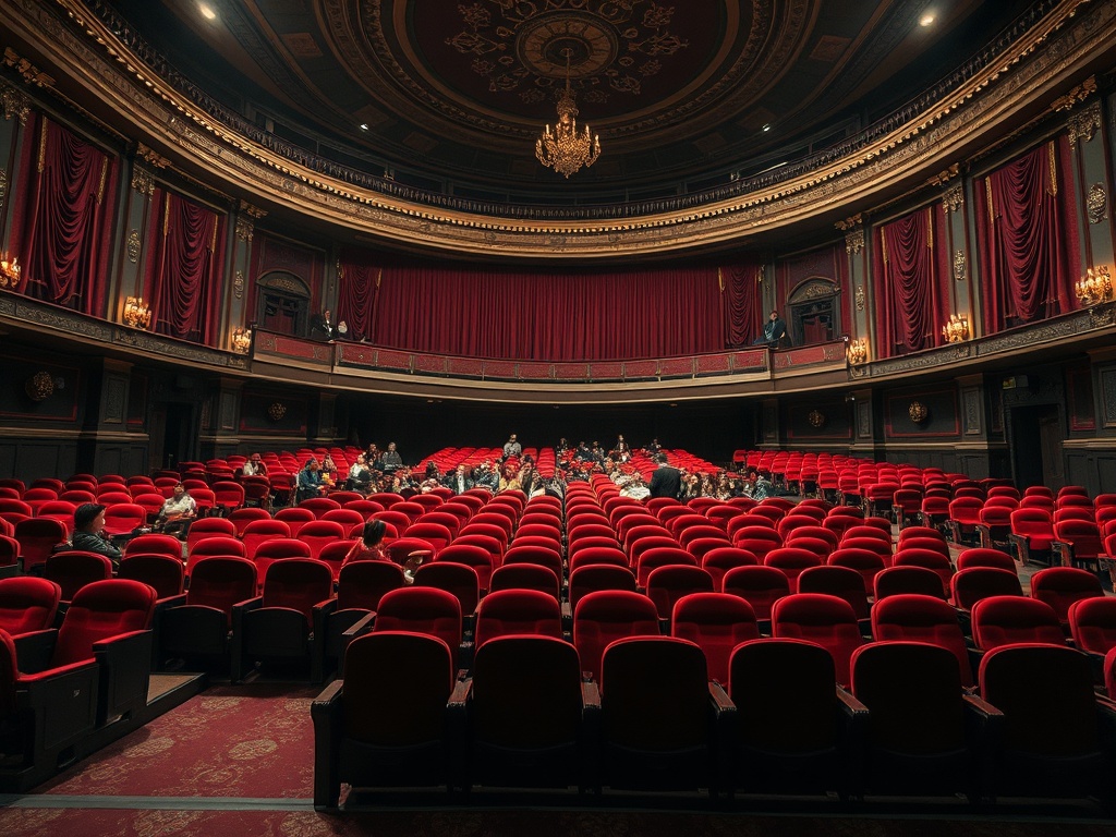 Внутри театра с красными креслами, многие зрители готовы к началу представления.