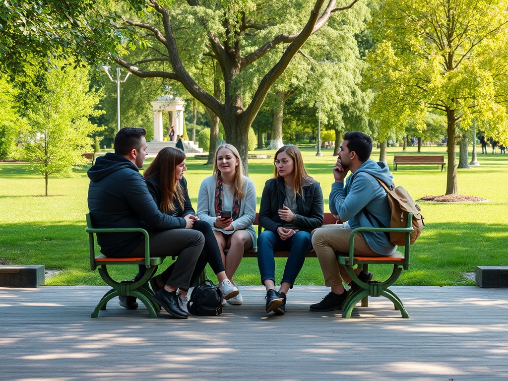 Группа молодых людей общается на скамейке в парке, окружённом зеленью и деревьями. Солнечный день.