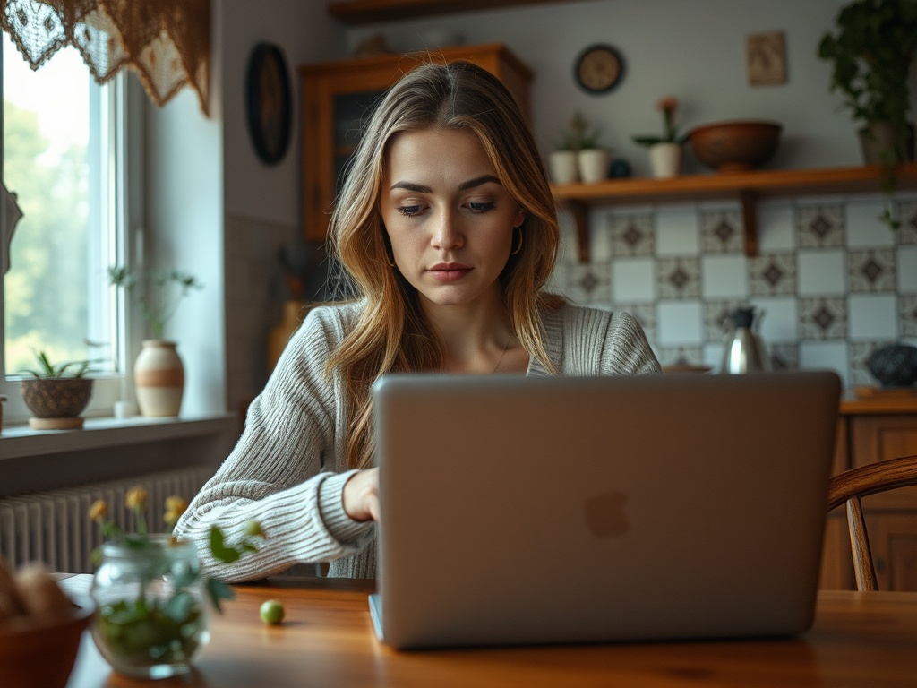 Молодая женщина работает на ноутбуке в уютной кухне с растениями и уютной атмосферой.