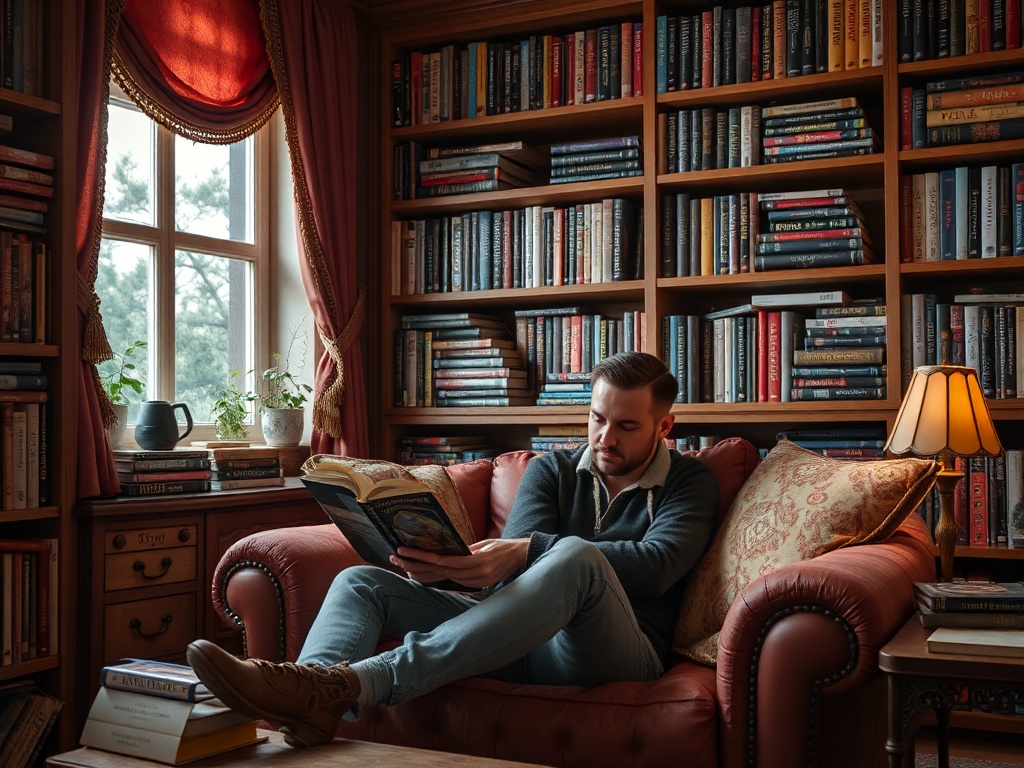 Мужчина читает книгу на диване в уютной библиотеке, окруженной полками с книгами. Солнечный свет проникает через окно.