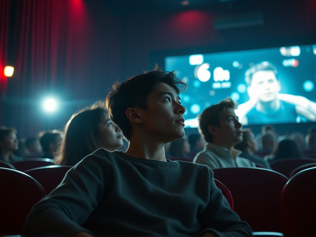 Молодой человек сидит в кинотеатре и внимательно смотрит на экран. В зале много людей.