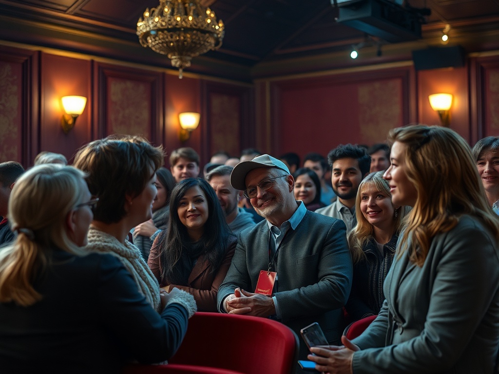 Аудитория с энтузиазмом слушает выступление, в комнате царит дружелюбная атмосфера.