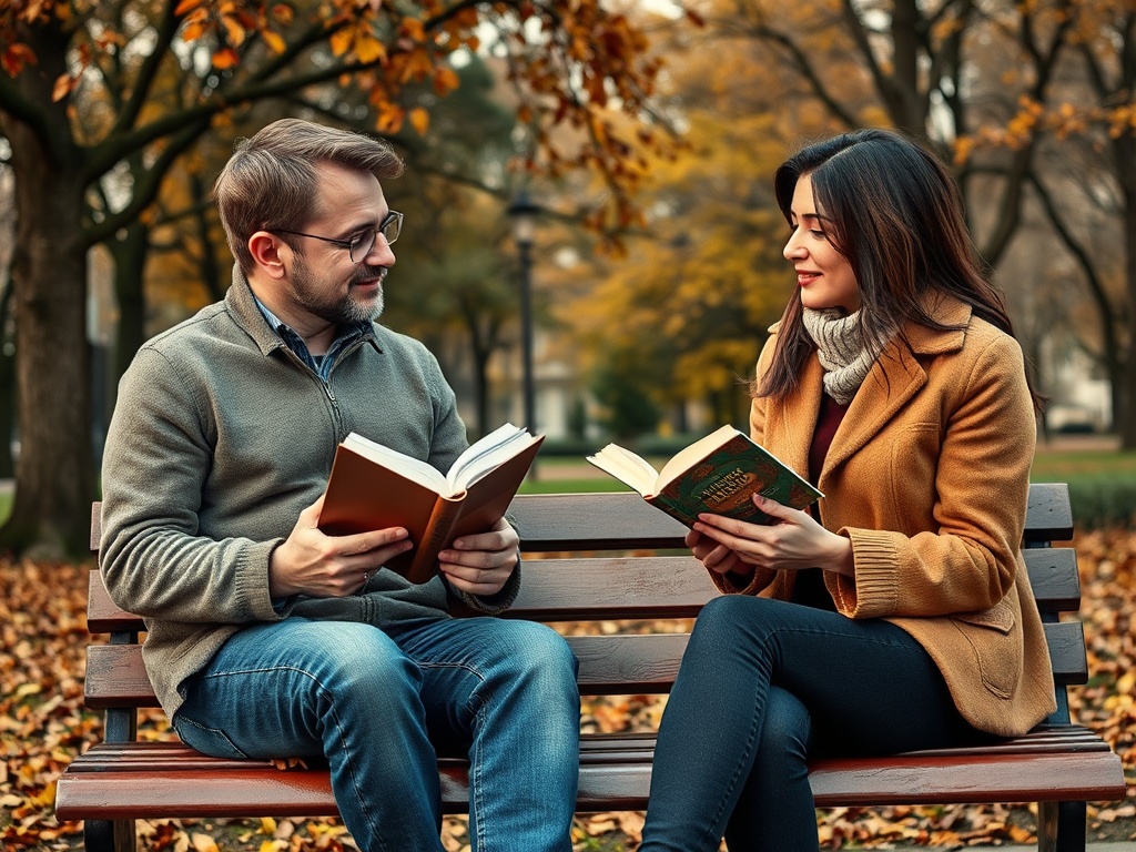 Два человека сидят на скамейке в парке, читают книги на фоне осенних деревьев.