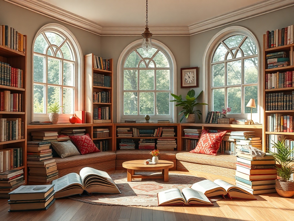Уютная библиотека с окнами, полными книг, и мягкими диванами, наполненная светом и зеленью.