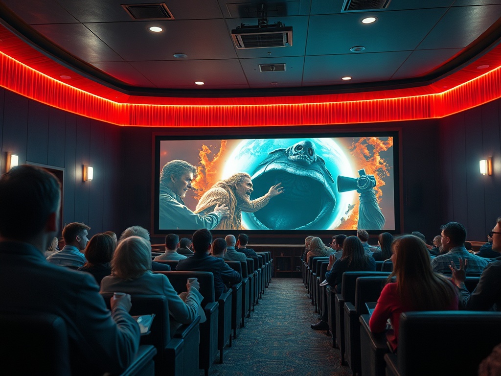 В кинотеатре зрители смотрят на экран с яркой сценой и ликуют. Атмосфера восторга и удивления.