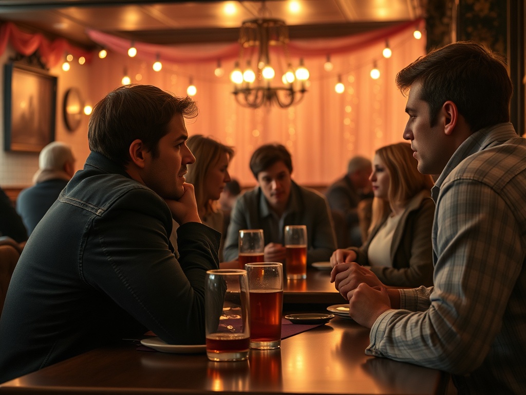 Два человека обсуждают что-то за столом в уютном ресторане, вокруг них другие посетители.