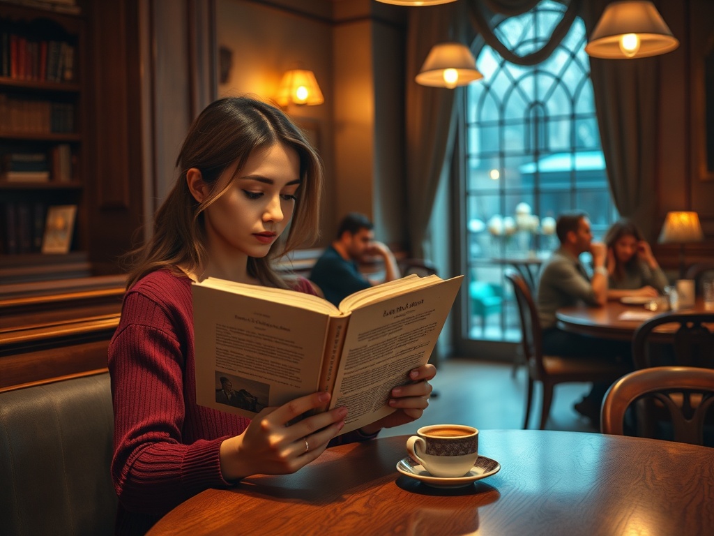 Девушка в кофейне читает книгу, рядом с ней чашка кофе, в фоне общающиеся люди и уютная обстановка.