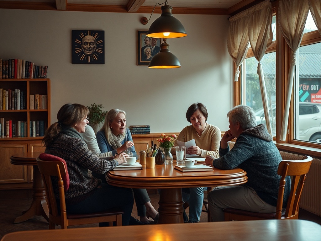 Группа людей за круглым столом в уютном кафе обсуждает что-то и читает заметки. Вокруг книги и цветы.