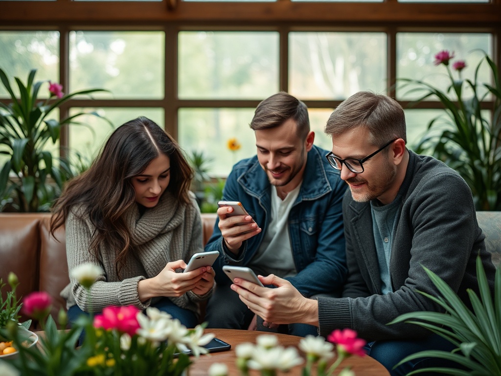 Трое друзей сидят на диване среди растений, смотрят на свои телефоны и общаются друг с другом.