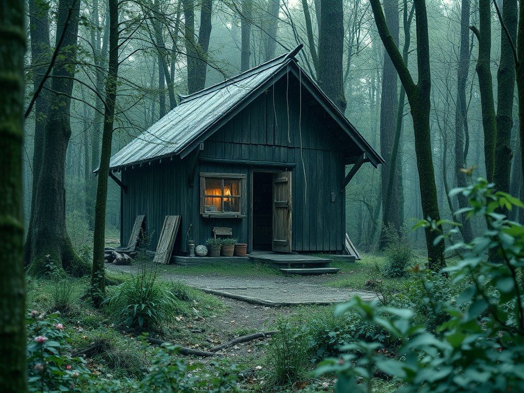 Небольшой домик в лесу, освещённый изнутри. Вокруг — густые деревья и зелёные растения. Туманная атмосфера.