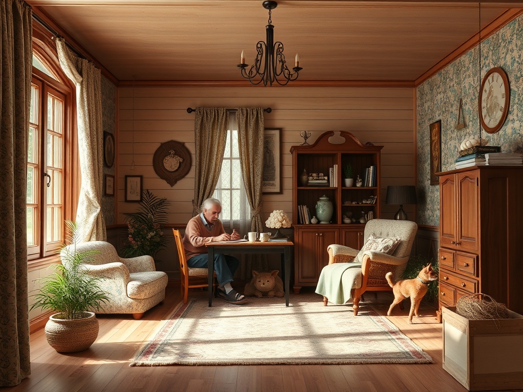 Стильная комната с креслом, столом, старшим человеком и кошкой на фоне уютного интерьера.