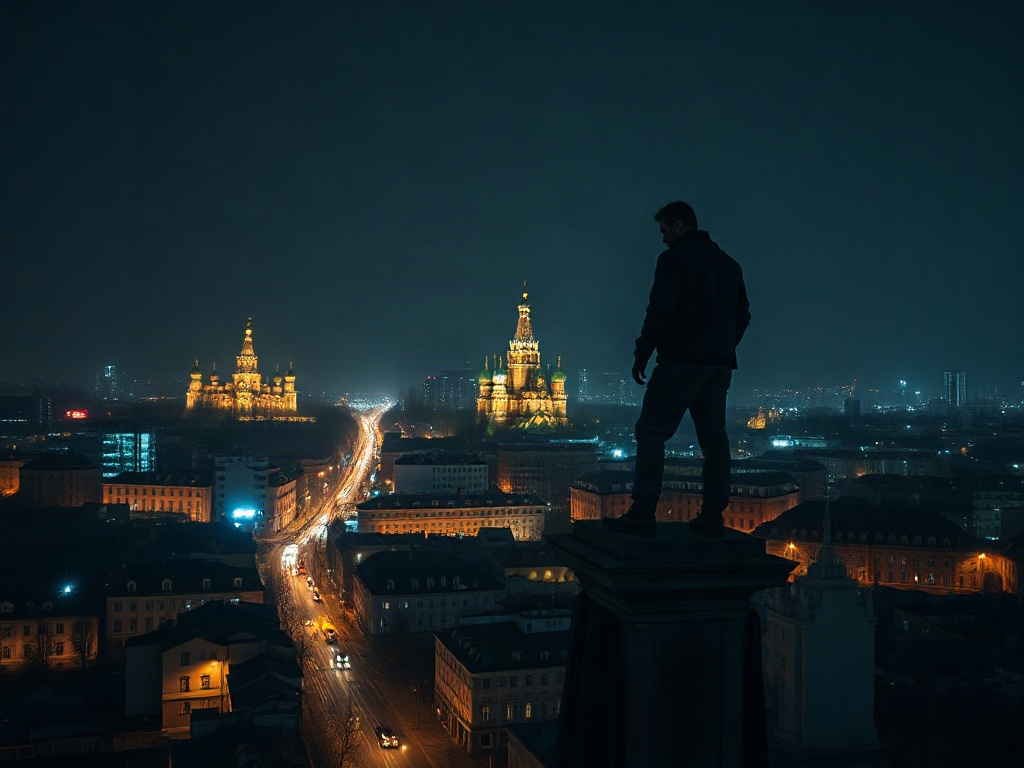 Мужчина стоит на краю здания и смотрит на ночной город с яркими огнями.